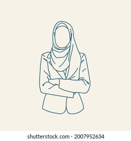 A business muslim woman working in office vector illustration. Female Hijab Business Entrepreneur.  Minimalistic drawn style. Beautiful arab businesswoman in hijab. Vector illustration.