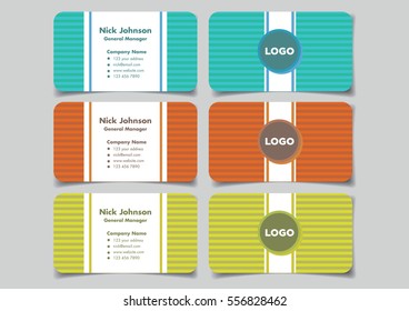 Business name card with horizontal stripe pattern background design in fun and vibrant colors for business branding. Set of three mock up vector illustrations isolated on plain background.