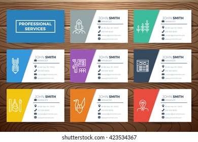 Business name card template design with line icons on realistic wooden background