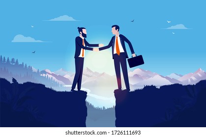 Business negotiation and agreement with gap between. Two brave businessmen come together and shaking hands on cliff. Risk, challenge and merging business concept. Vector illustration.