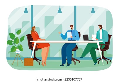 Business negotiation candidate job interview behaviour, applicant woman office worker human resources flat vector illustration, isolated on white.
