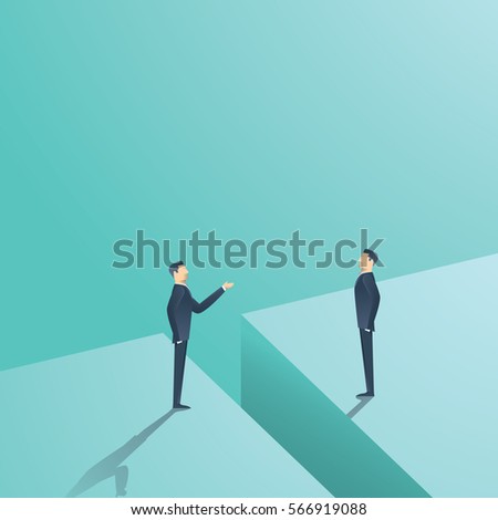 Business negotiation or communication vector concept. Two man having discussion, bargaining with gap between. Eps10 vector illustration.