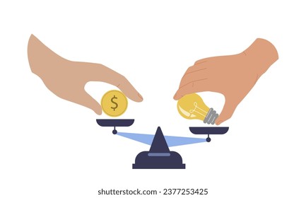 Business negotiation concept. Hands with lightbulb and money near scales. Collaboration and cooperation, partnership. Cartoon flat vector illustration isolated on white background