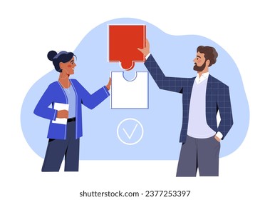 Business negotiation concept. Man and woman connecting puzzles together. Collaboration and cooperation, partnership. Poster or banner. Cartoon flat vector illustration isolated on white background
