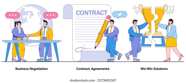 Business negotiation, contract agreements, win-win solutions concept with character. Negotiation skills abstract vector illustration set. Deal-making, conflict resolution, collaborative agreements.