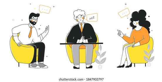 Business negotiation, conversation, flat vector illustration. Business people talking at table.