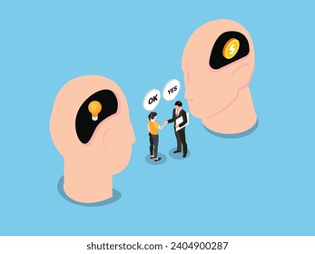Business negotiation, deal making or acquisition, buying a good idea isometric 3d vector concept