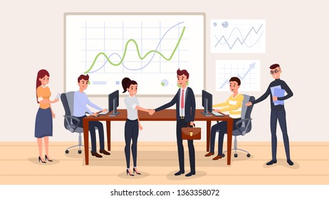Business negotiation flat vector illustration. Smiling people shaking hands cartoon characters. Office, conference room interior teamwork discussion on meeting, corporate cooperation agreement