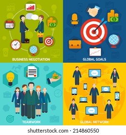 Business negotiation global network goals teamwork flat set isolated vector illustration