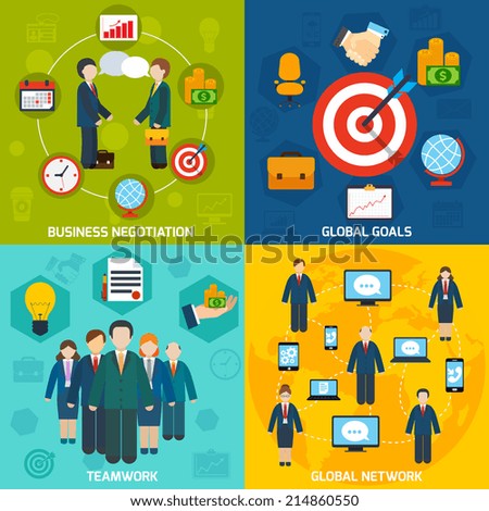 Business negotiation global network goals teamwork flat set isolated vector illustration