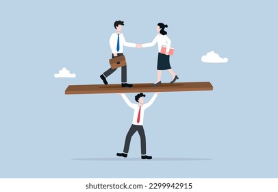 Business negotiation, mediation process, mutually beneficial resolution, communication and interpersonal skills concept, Businessman trying to balance negotiation partners on seesaw. 