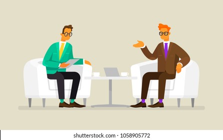 Business negotiation. Men sit in armchairs and discuss work and cooperation. Vector illustration in a flat style