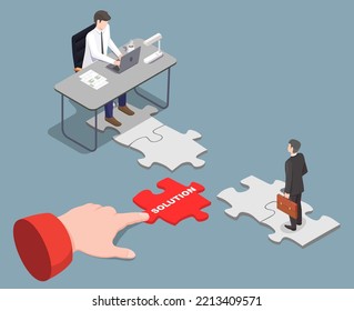 Negociación comercial y asociación 3d escena vectorial. Empresarios buscando soluciones, haciendo ilustraciones de acuerdo. Hombres de negocios y mano humana empujando la pieza del rompecabezas