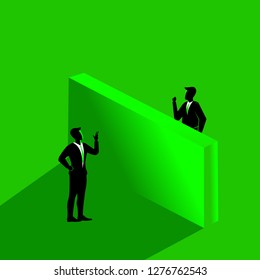 Business negotiation two businessman having conversation blocked by the wall