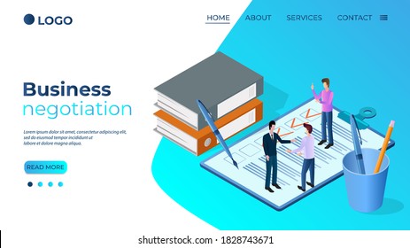 Business negotiation.A successful deal of partnership the concept of signing the contract.Businessmen are negotiating.Isometric vector illustration.The template of the landing page.