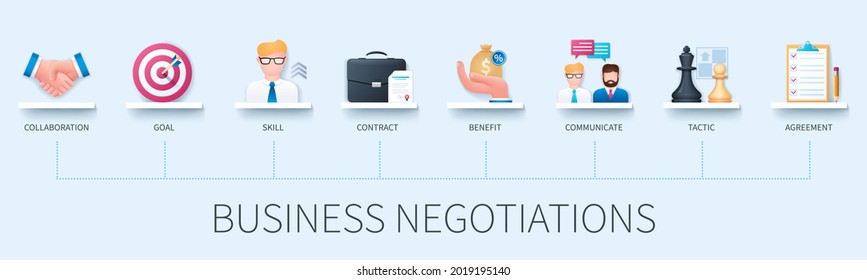 Business Negotiations Banner With Icons. Collaboration, Goal, Skill, Contract, Benefit, Communicate, Tactic, Agreement Icons. Web Vector Infographic In 3D Style