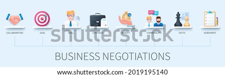 Business negotiations banner with icons. Collaboration, goal, skill, contract, benefit, communicate, tactic, agreement icons. Web vector infographic in 3D style