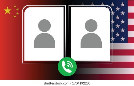 Business negotiations between the two countries. Russia and the USA. Pictograms of a telephone conversation between representatives of countries against the background of national flags.