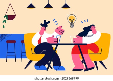 Business negotiations, brainstorm and Creative idea concept. Young smiling business people sitting discussing business having great ideas in mind vector illustration 