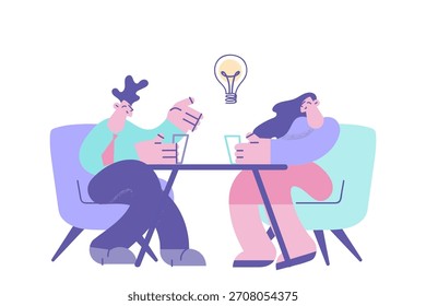 Business negotiations, brainstorm and Creative idea concept. Young smiling business people sitting discussing business having great ideas in mind vector illustration
