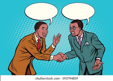 Business Negotiations Businesspeople Shaking Hands. Pop Art Retro Vector Illustration. African American People