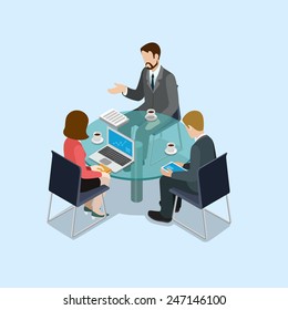 Business Negotiations Concept Flat 3d Web Isometric Infographic Vector. Group Of Businessmen And Woman Round Table Talk. Creative People Collection.