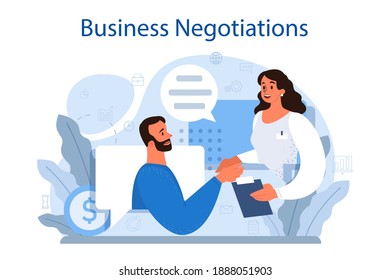 Business negotiations concept. Business planning and development. Future business partnership, brainstorming or team work process. Isolated flat vector illustration