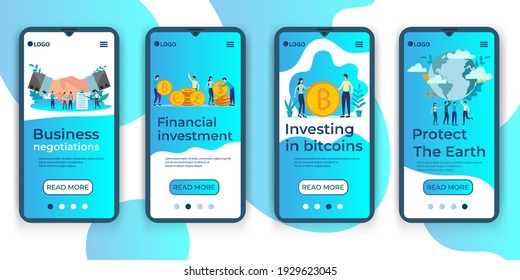 Business negotiations, Financial investments, Investing in Bitcoin,Earth Protection.A set of UI, UX interfaces for smartphone screens.Features of adaptive design.Flat vector illustration.