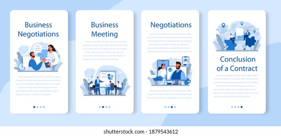 Business negotiations mobile application banner set. Business planning and development. Future business partnership, brainstorming or team work process. Isolated flat vector illustration