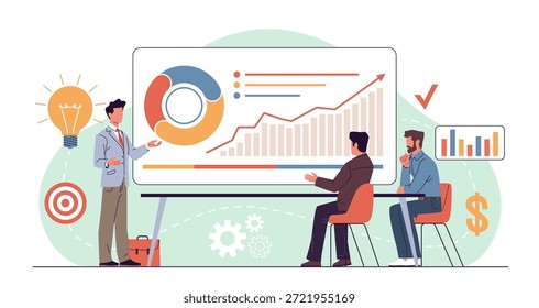 Geschäftsverhandlungen. Neuer Projektvorstellungsprozess, Partnerschaftsabschluss, Zusammenarbeit und Teamarbeit im Büro, erfolgreiches Startup, Informationsanalyse, heutzutage Vektorcartoon-Flachkonzept