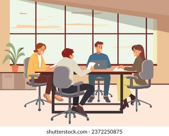 Business negotiations. Teamwork in office, people in suits sitting at table, agreement conclusion, work meeting. Transaction discussion, cartoon flat style isolated vector concept