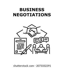 Geschäftsverhandlungen Vektor Icon Konzept. Business Negotiations Business Man mit Partner und Signing Relationship Agreement Contract. Ceo-Diskussion mit Schwarzer-Illustration von Mitarbeitern