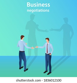 Business negotiations.Businessmen are engaged in the negotiation process.People with shadows in the background.3d illustration.The concept of a handshake of a transaction and business activity.