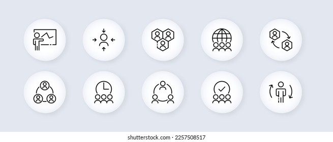 Business neomorphic line Icons set. Communication, debates, speeches, assessment, stars, light bulb, idea, plan, team, debate, society, hours. concept communication. Vector neomorphic line icons set