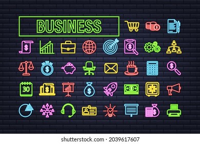 Business neon icon set. Marketing network. Money line icon set. Vector stock illustration.