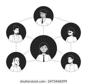 Business network black and white 2D illustration concept. Professional team with indian female leader cartoon outline characters isolated on white. Employees cooperation metaphor monochrome vector art