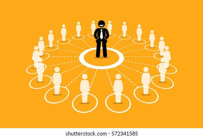 Business network and communication. Vector artwork depicts a businessman with strong network marketing, influence, and leadership.