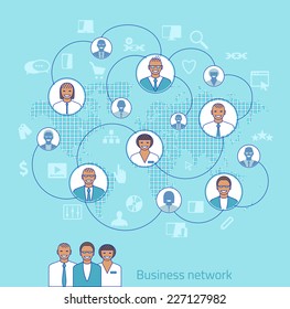 Business network. Concept illustration of management, organization and teamwork. The map image is derived from the materials of the University of Texas Libraries, The University of Texas at Austin.