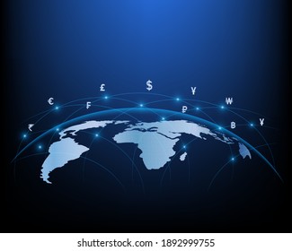 Business Network And Global Currency Exchange Icons On The World Map