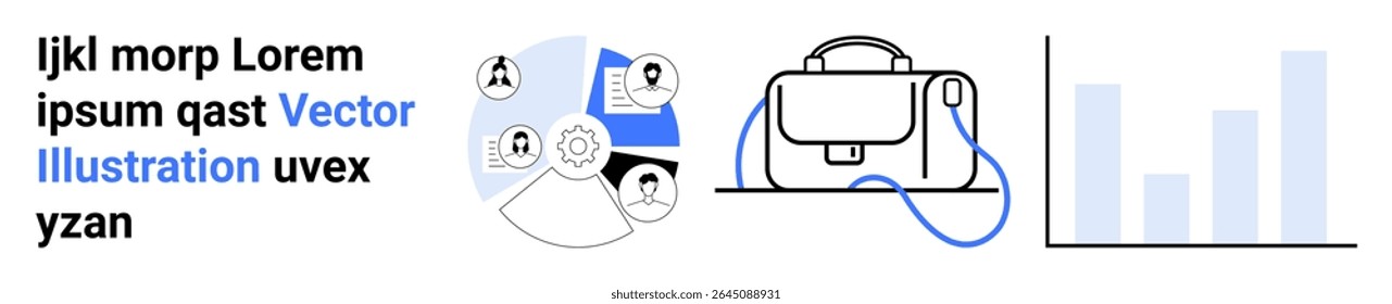 Business network graph, briefcase, bar chart. Ideal for corporate presentations, team-building, business strategies, communication, networking, analytics education Landing page