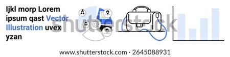 Business network graph, briefcase, bar chart. Ideal for corporate presentations, team-building, business strategies, communication, networking, analytics education Landing page