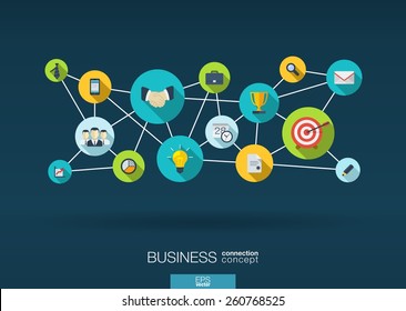 Business network. Growth background with integrate flat icons. Connected symbols for strategy, service, analytics, research, digital marketing, communicate concepts. Vector interactive illustration