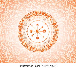 business network icon inside abstract emblem, orange mosaic background