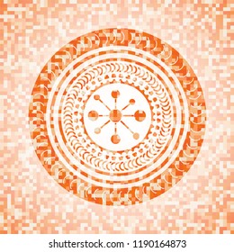business network icon inside abstract orange mosaic emblem with background