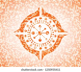 business network icon inside abstract orange mosaic emblem
