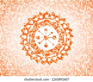 business network icon inside abstract emblem, orange mosaic background