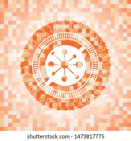 business network icon inside abstract orange mosaic emblem