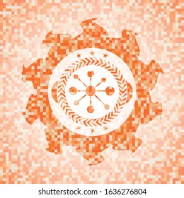 business network icon inside abstract emblem, orange mosaic background