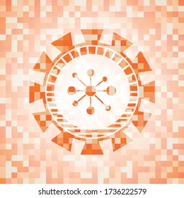 icono de red de negocio dentro del emblema abstracto, fondo de mosaico naranja. 
