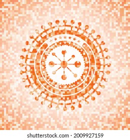 business network icon inside abstract orange mosaic emblem. 